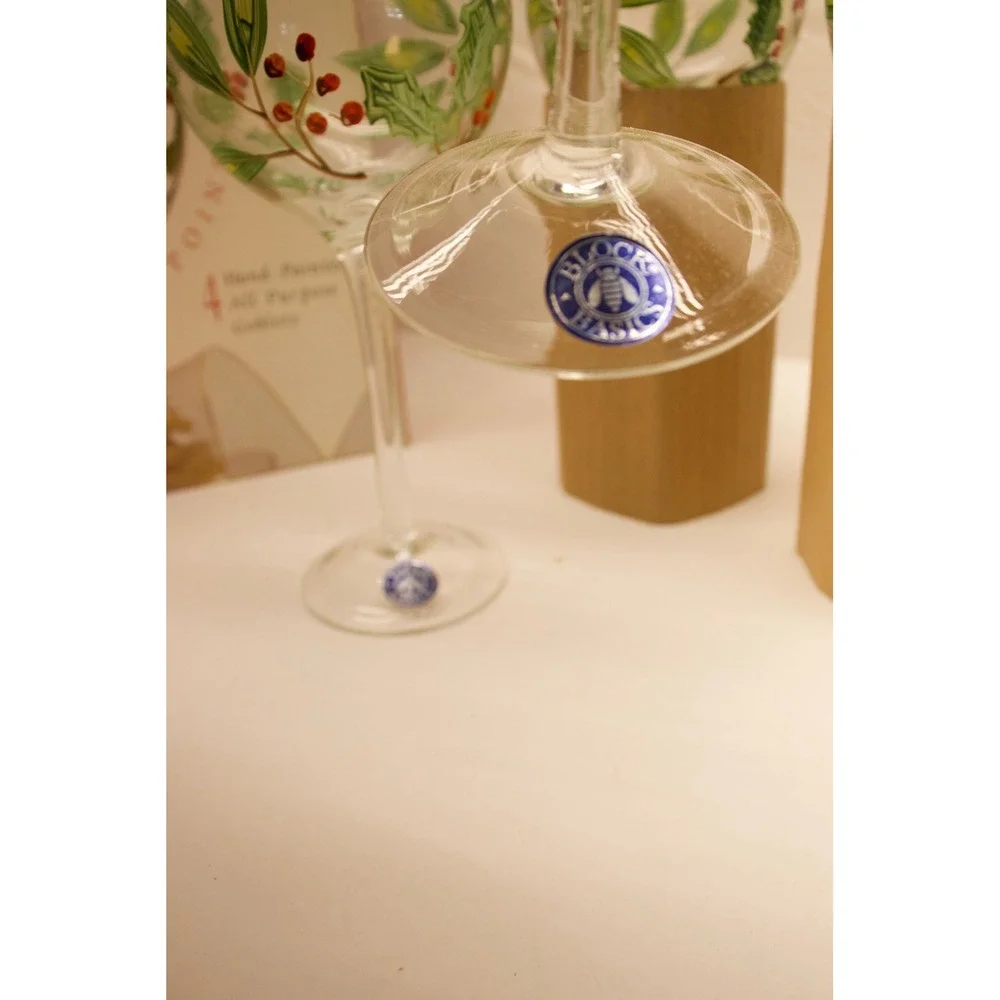 Block Basics Poinsettia Hand Painted All Purpose Goblets Set of 4 Christmas Wine